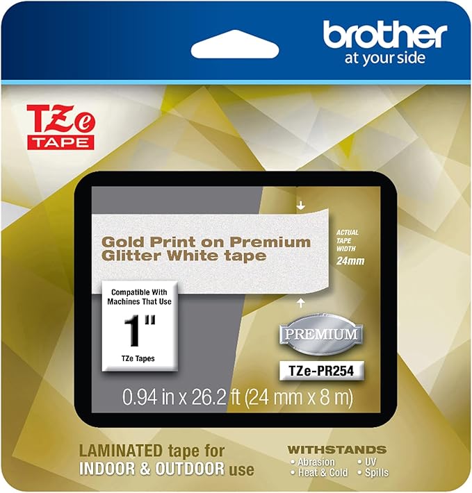 Brother Printer Brother P-touch TZe-PR254 Gold Print on White Glitter Premium Laminated Tape 24mm (0.94”) wide x 8m (26.2’) long, TZEPR254