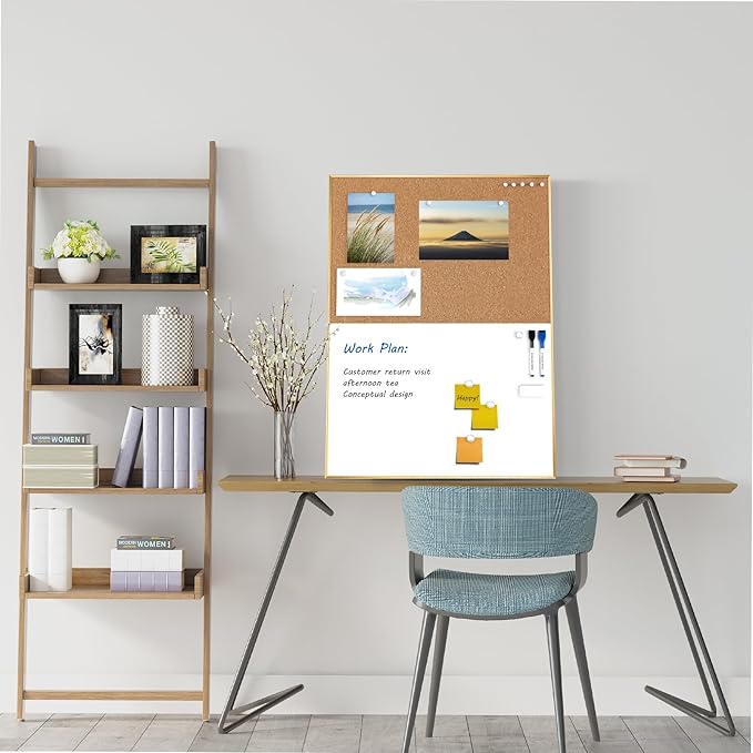 ARCOBIS Cork Board White Board Combo, 24 x 18 Inch Bulletin Board-Gold Frame, Magnetic Dry Erase Board & Corkboard for Wall, Vision Board for Home, Office, School