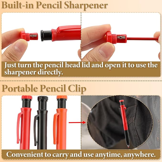 OwnMy Mechanical Carpenter Pencil Set - 3 Carpenter Pencils with 36PCS 2.8mm Refills & Built-in Sharpener, Heavy Duty Construction Pencils Deep Hole Marking Pencil for Woodworking