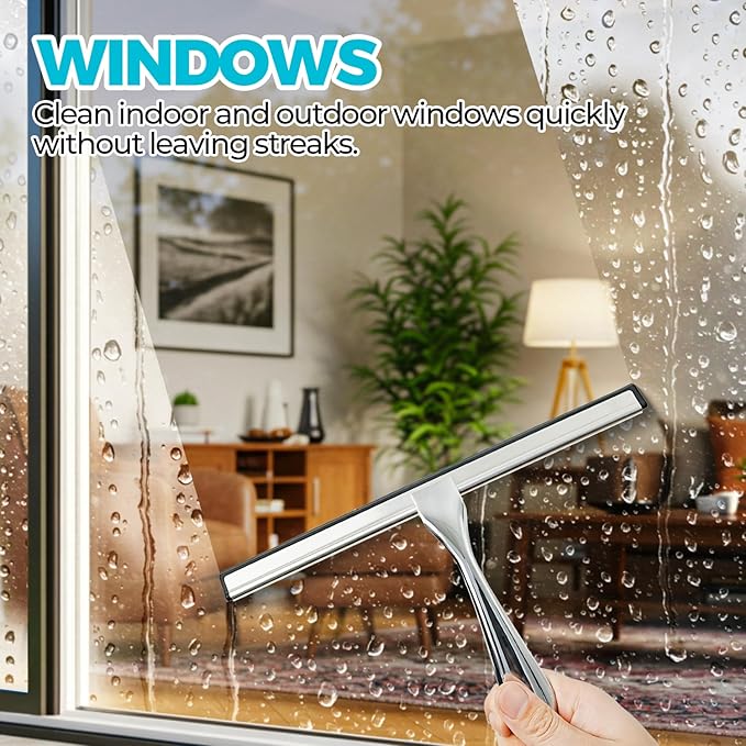 10-Inch All-Purpose Shower Squeegee for Shower Doors, Tile Shower Walls, Bathroom, Window, Glass and Car Windshield, Mirrors and Kitchen-Stainless Steel, Silver