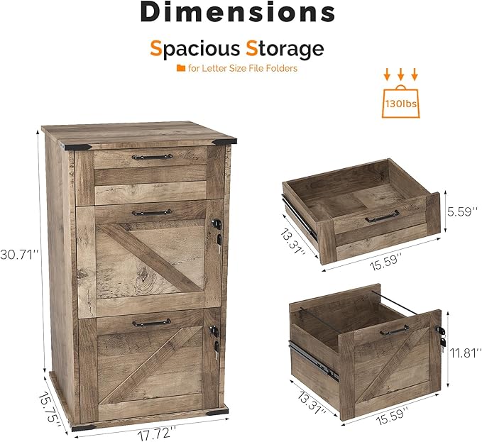 VINGLI 3 Drawer File Cabinet with Lock, Home Office Filing Organizer, for Letter Size File Folder Storage, Modern Farmhouse Style, Wood Vertical Filing Cabinet, Archivador (Rustic Gray)