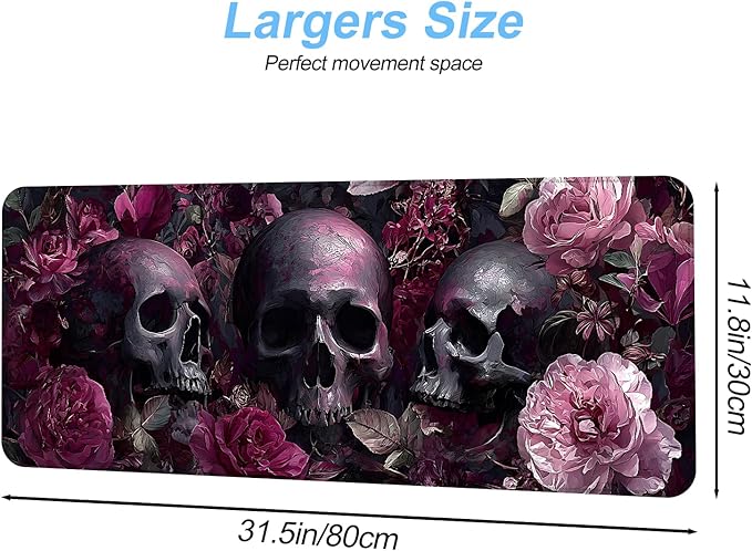 Gothic Skulls and Roses Artistic Mouse Pad – 31.5" x 11.8" Large Extended Desk Mat with Dark Floral Design – Perfect for Gothic, Victorian, and Alternative Aesthetics