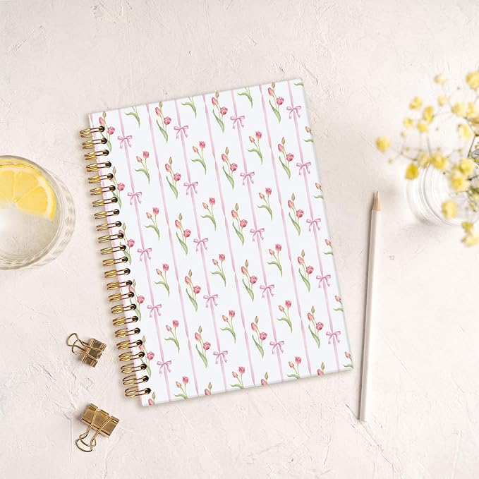 MOFUYU Tulips Spiral Journal Notebook for Women,Pink Hardcover Notebook for Work & Note Taking,Cute Notebooks for School A5 Size 5.5x8.3