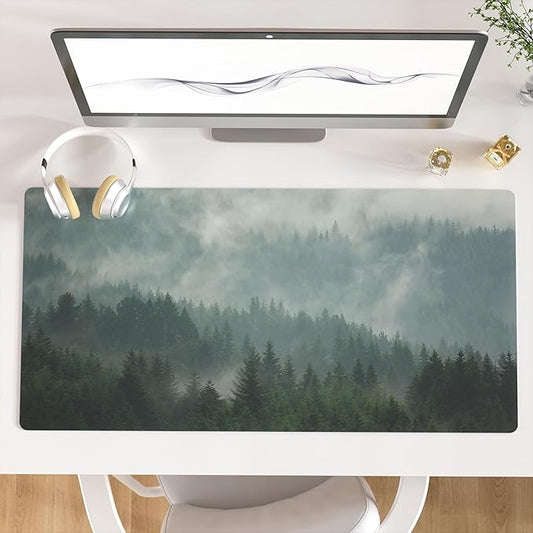Colorful Star Large Mouse Pad, PU Leather Waterproof Desk Mat, Computer Gaming Mouse Pad, XXL Full Desk Mousepad Non Slip Desk Pad for School Office Home 31.5" x 15.7" - Foggy Forest Valley
