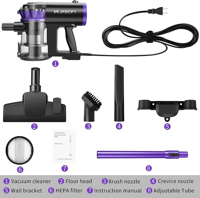 elezon F800 Corded Vacuum Cleaner 500W, 18KPa Powerful Suction, 23ft Long Cord, HEPA Filter, 1.2L Dust Capacity, 2-in-1 Handheld Stick Vacuum for Home Hardwood & Tile Floors