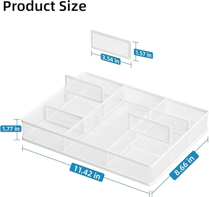 Marbrasse Desk Drawer Organizer, Metal Mesh Drawer Organizer Tray with 5 Adjustable Compartments,Desk Organizers and Accessories for Home,Office,Kitchen,Makeup,Vanity (White)
