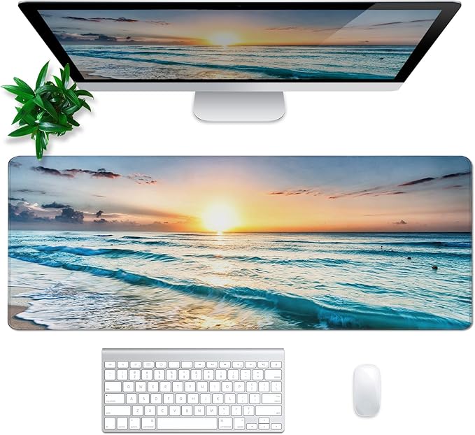 Sunrise Beach Mouse Pad Abstract Sea Mouse Pad 31.5x11.8 Inch Japanese Texture Non-Slip Rubber Base Large Mousepad Stitched Edges Keyboard Mouse Mat Desk Pad for Office and Home