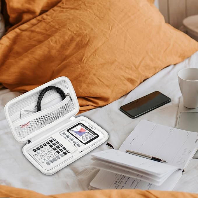 BOVKE Hard Travel Case for Texas Instruments TI-84 Plus CE/TI-84 Plus/TI-83 Plus CE/TI-83 Plus/Casio fx-9750GIII Graphing Calculator, Mesh Pocket for USB Cables, Manual, Pens, Accessories, White