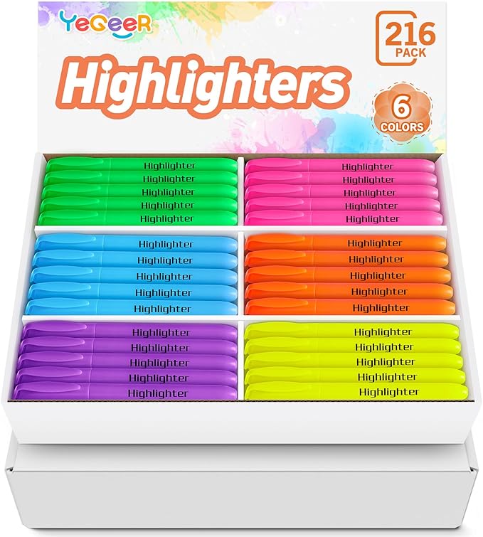 Highlighters, Chisel Tip Dry-Quickly Highlighter Markers, 216 Count-6 Assorted Colors Highlighters Bulk Pack for Adult Kids, Office Classroom Must Have, School Supplies for Teachers (2 Boxes of 108)