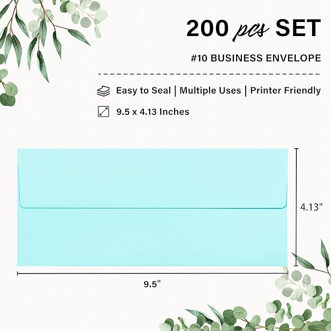 200 Pack #10 Business Envelopes, Self Seal Standard Light Blue Envelopes for Secure Business & Legal Mailing, Office, Checks, Letter, Invoices, 4 1/8 x 9 1/2 Inches