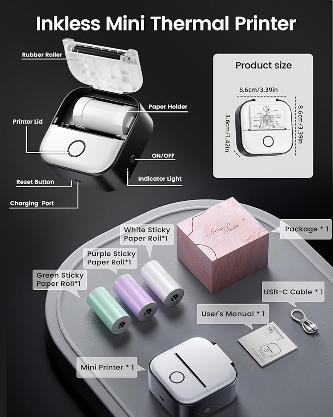 Memoking Mini Printer - Sticker Printer T02 Portable Thermal Inkless Sticker Maker Machine, Bluetooth Pocket Labeler for Study Graphics, Anatomical Diagrams, Photos, Receipts, Black