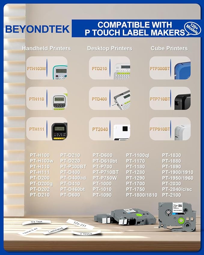 TZe-231 Replace for Brother Label Maker Tape TZ TZe Work with Brother P Touch Label Tape 12mm 0.47 Laminated White 1/2" P Touch Refill Black on White TZe-231 Cartridge for PT-H103w H110 D210 D220
