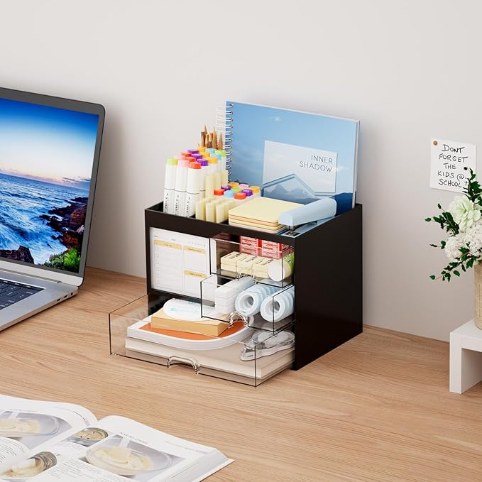 Marbrasse Desk Organizer with 3 Drawer, Multi-Functional Pencil Pen Holder for Desk, Desk Organizers and Accessories with 4 Compartments, Desktop Organizer Storage for Office Home Art Supplies (Black)