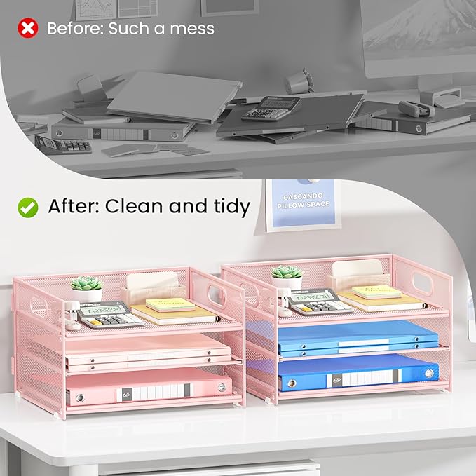 Subekyu 2-Pack 3-Tier Pink Metal Mesh Desk Paper Letter Tray & File Sorter Organizer with Handle + 1 Sliding Tray for Desk, Home, Office, School Supplies, A4 Paper and Accessories Storage