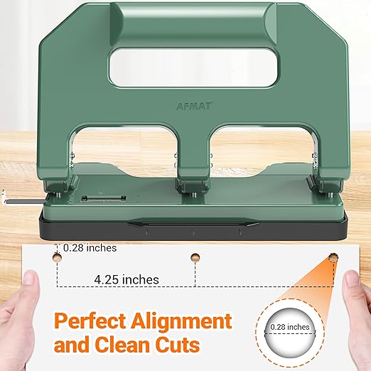 AFMAT HPX1 Heavy Duty 3 Hole Punch, 3 Hole Puncher for Binder, 40-Sheet Three Hole Punch w/ 10000+ Uses, Metal Hole Puncher 3 Ring, 50% Reduced Effort, Bulit-in S.S. Paper Guide (Green)