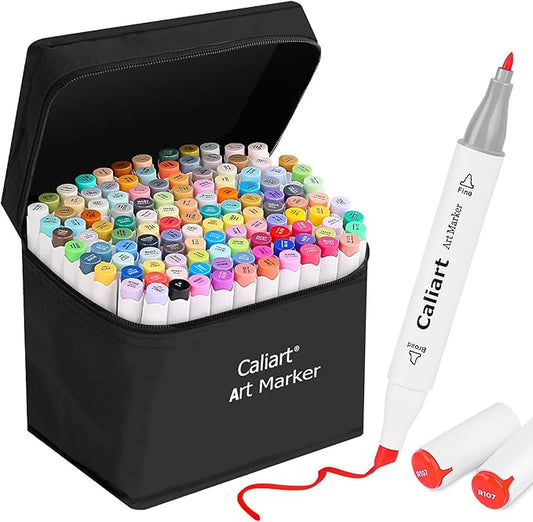 Caliart Alcohol Based Markers, 121 Colors Dual Tip Art Marker Set, Permanent Colored Pens for Adults Coloring Book Artists Illustration Sketch Halloween Decorations Gift Drawing Supplies Kit
