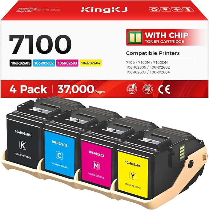 Phaser 7100 High Capacity Toner Cartridge Set 4-Pack Replacement for Xerox 106R02605 106R02602 106R02603 106R02604 Compatible with Xerox Phaser 7100 7100N 7100DN Printer Ink Black Cyan Magenta Yellow