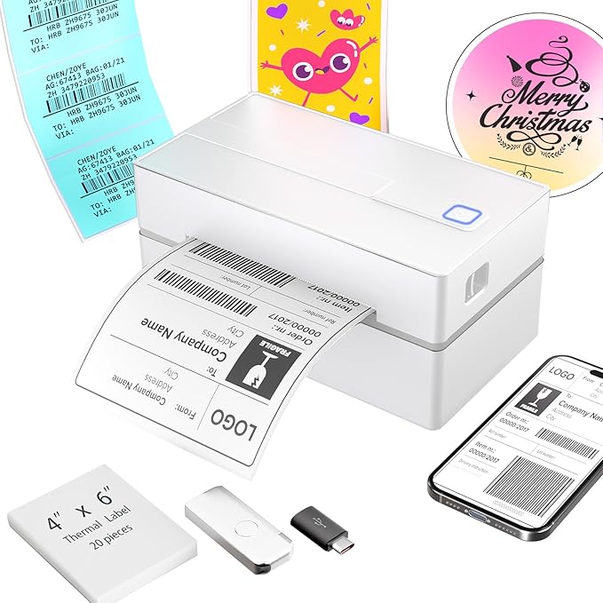 Bluetooth Thermal Shipping Label Printer: 4x6 Wireless Mini Clear Label Maker with Waterproof Tape for Small Business - Widely Used for USPS UPS Ebay Amazon Shopify Etsy, White