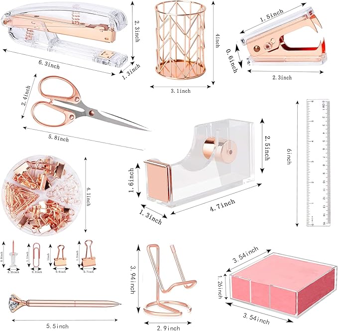 Rose Gold Office Supplies and Accessories, Acrylic Stapler, Staple Remover, Tape Holder, Ballpoint Pen, Scissor, Binder Clips, Staples, Phone Holder, Ruler, Transparent Glue and 300 Notes
