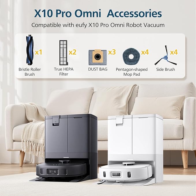 X10 Pro Omni Accessories for Eufy X10 Pro Omni Robot Vacuum Accessories Kit, 1 Main Brush+ 2 Hepa Filters+ 4 Mop Pads+ 3 Vacuum Bags+ 4 Side Brushs for Eufy X10 Pro Omni Accessories