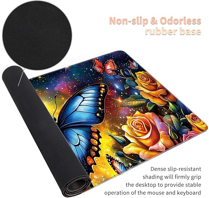 Desk Mat Large Gaming Mouse Pad (31.5x11.8 inch) with Stitched Edges, XL Mouse Pad +Coaster, Extended Mouse Mat Keybroad Mousepad Non-Slip Rubber for Gamer Men Women, Butterfly Color Roses