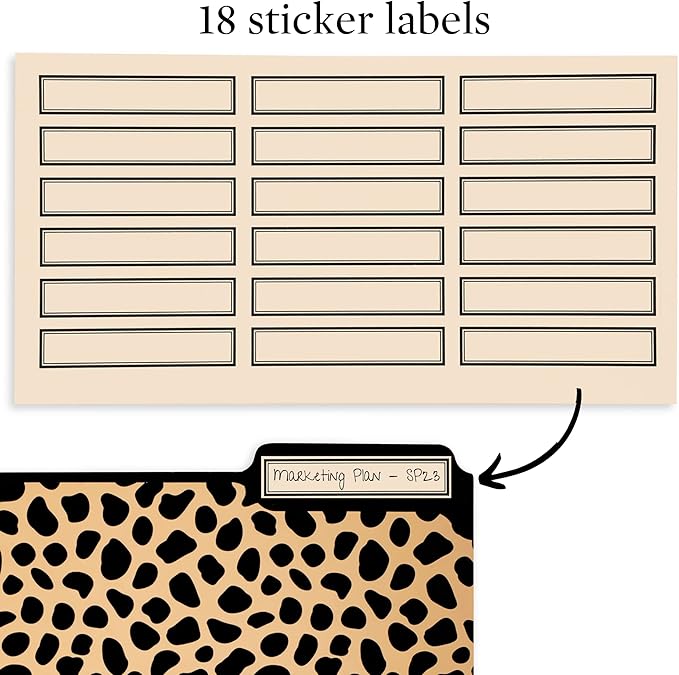 Steel Mill & Co Thick Sturdy File Folders Decorative, Set of 9 File Folders with Tabs and Sticker Labels, Cute Colored File Folders Letter Size, Leopard