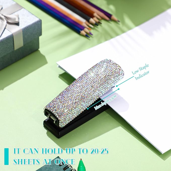 Yexiya Bling Crystal Stapler Gift Sparkly Diamond Stapler for Desk Handmade Clay Rhinestone Machine Pretty Office Stationery Kit Stylish Accessory for Women Lady Christmas(AB Color)