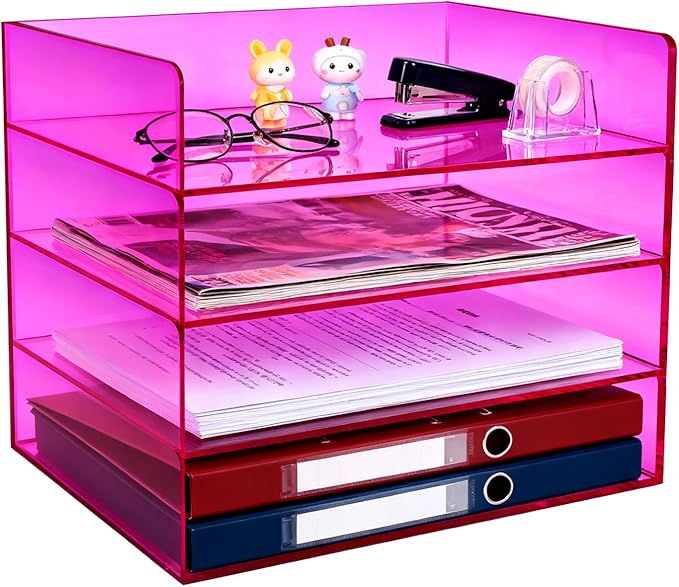 Gelite Acrylic File Organizer for Desk 4 Tiered Stackable Letter Tray Office Paper Storage Desktop Document Sorter, Purple