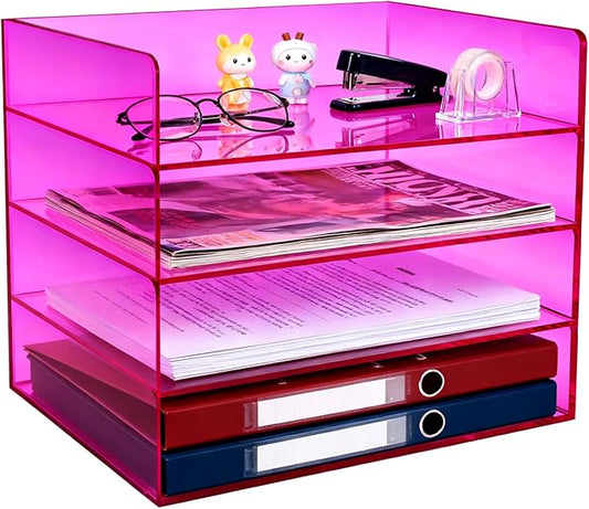 Gelite Acrylic File Organizer for Desk 4 Tiered Stackable Letter Tray Office Paper Storage Desktop Document Sorter, Purple