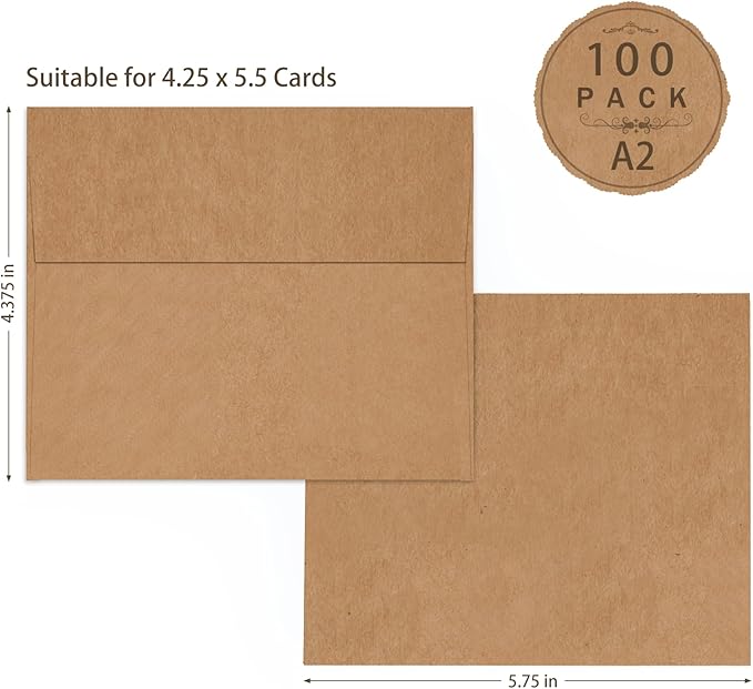 A2 Brown Kraft Envelopes 100 Pack, Goefun 4.375 x 5.75 Printable Greeting Card Envelopes Self Seal for Card Making, Photos, Invitations, Weddings, Graduation, Baby Shower, 120 GSM