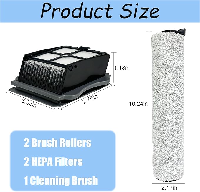 Brush Rollers and Filters Replacement Compatible with Tineco FLOOR ONE S5 Steam Cleaner Wet Dry Vacuum All-in-One, 2 Brush Rollers + 2 Vacuum Filters + 1 Cleaning Tool