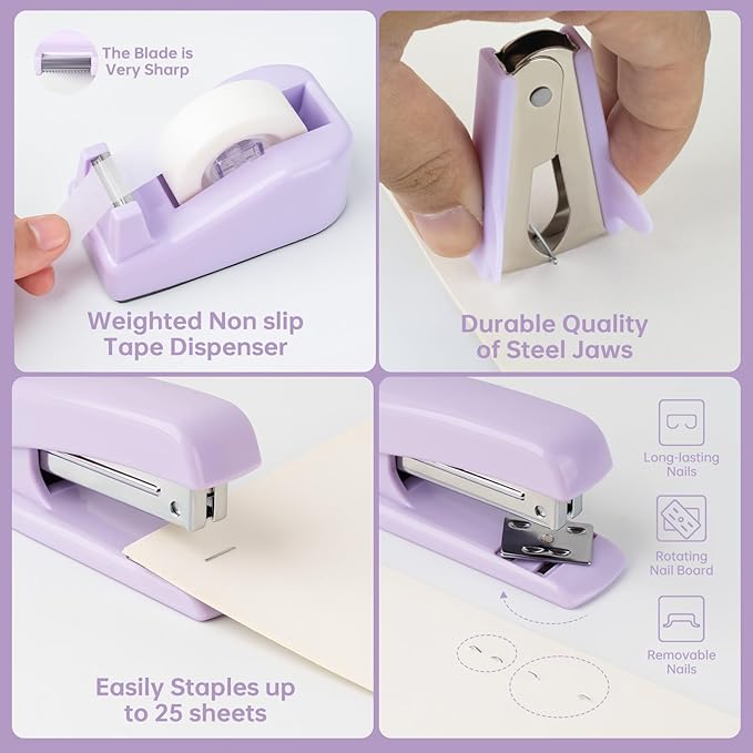 Purple Office Supplies, Office Supplies and Accessories, Office Desk Set with Stapler, Tape Dispenser, Staple Remover, Clips and Scissors for Women, Boss Lady, Coworkers, Desk Caddy, Office Clerks