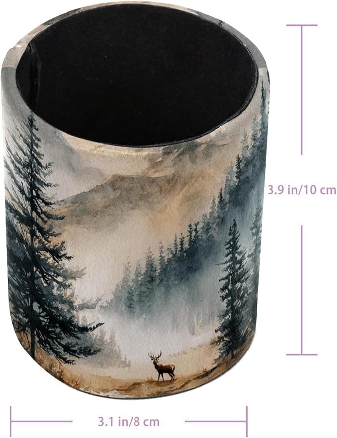 Watercolor Mountain Deer Circular Pen Holder, Pen Cup Makeup Brush Holder, Design for School, Home and Stationary Supplies (3.9 x 3.1 Inches)