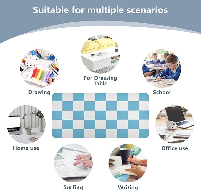 Mouse Pad Desk Mat Leather Desk Pad Large Gaming Desk Cover Protector Mat for Keyboard Computer Laptop Office Waterproof 35.4 x 16.5 Inch Checkered Blue and White