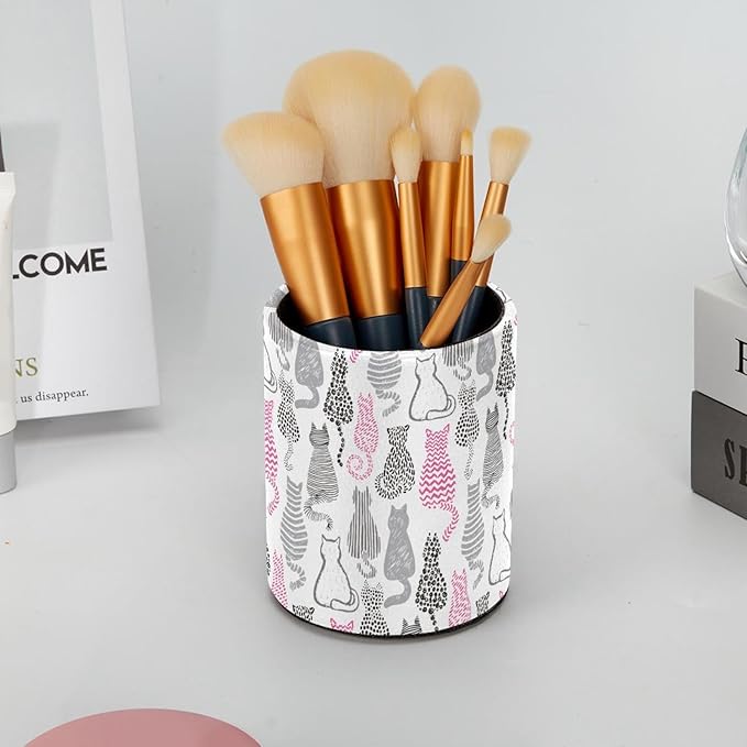 Pen Holder Stand for Desk, Pink Black Grey Cats Collection Desk Organizer Makeup Brush Holder for School, Home, Office