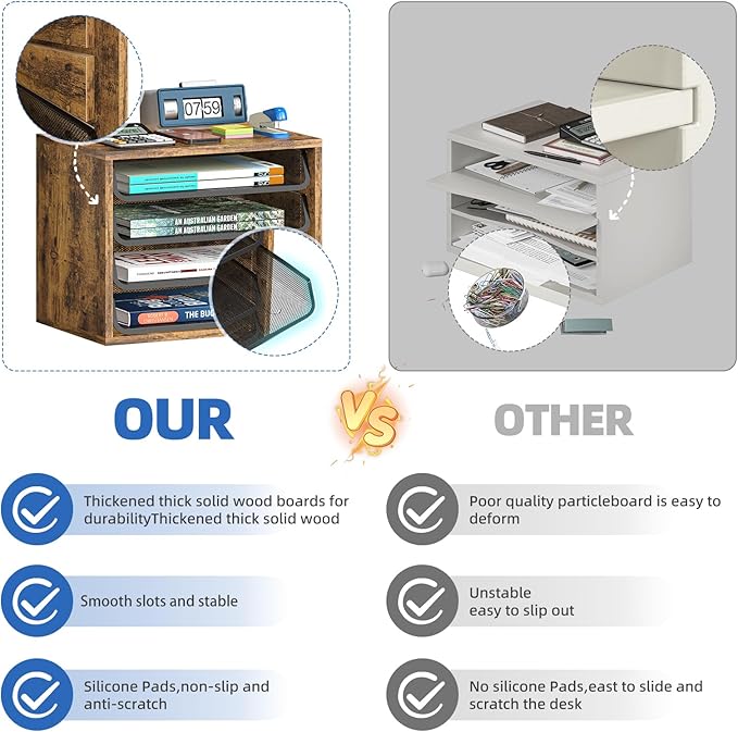 Simple Trending Desk File Organizers, 4-Tier Letter Tray Paper Organizer with File Holder, Wooden Paper Sorter for Office Supplies, Rustic Brown