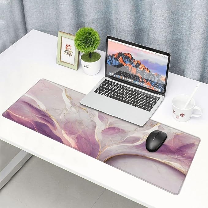 Desk Pad,Office Desk Mat 31.5"×11.8" Large Gaming Mouse Pad,Extended Computer Mouse Pad,Waterproof Thick Big Mouse Pads with Non-Slip Rubber Base Office Home Purple White Marble Flower