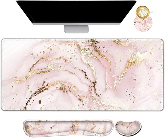 ARTSO Large Gaming Mouse Pad, Keyboard Wrist Rest Pad & Wrist Support Mousepad Set, Stitched Edge, Extended, Non-Slip Base, Memory Foam,Multifunctional Desk Mat 4pcs for Office & Home, Pink Marble