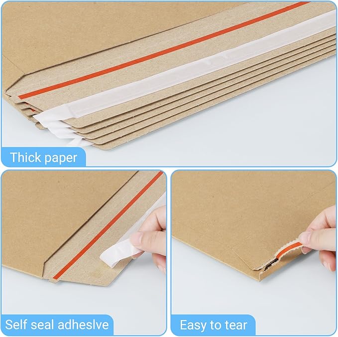 50 Pack Rigid Mailers 9.5x12.5 inch, Self Seal Photo Document Mailers, Stay Flat Kraft Cardboard Envelopes for Photos, Document, CD(Kraft Browm)