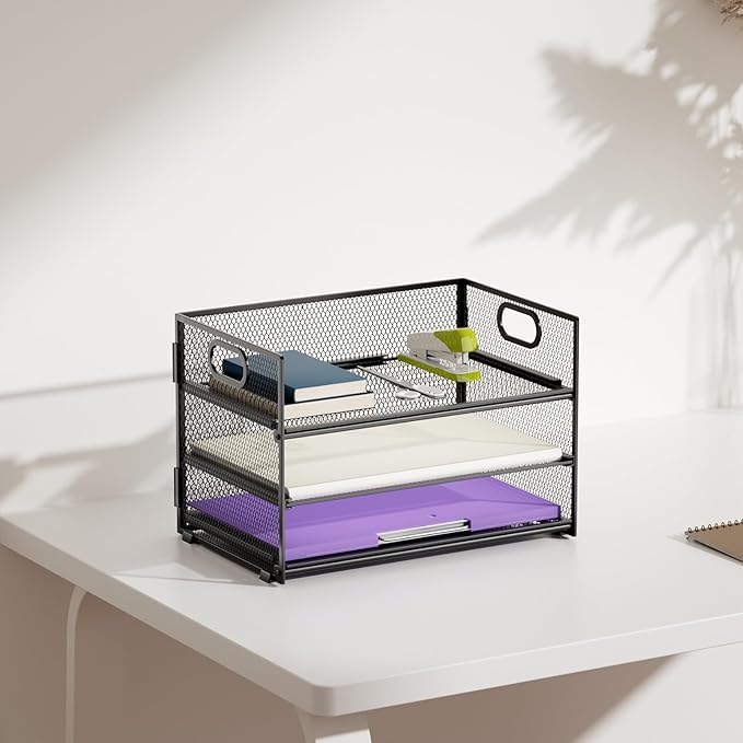 Marbrasse 3 Tier Paper Organizer Letter Tray, Mesh File Organizer with Handle, Paper Sorter Desk Organizer for Home Office Supplies