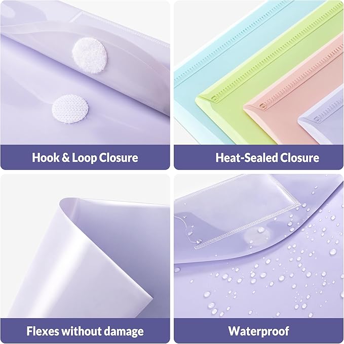 SUNEE 12 Pack Plastic Envelopes, Folders for Document for A4 Letter Size, Poly File Folders with Label Pockets for School Home Office Organizer Work Supplies, 6 Colors