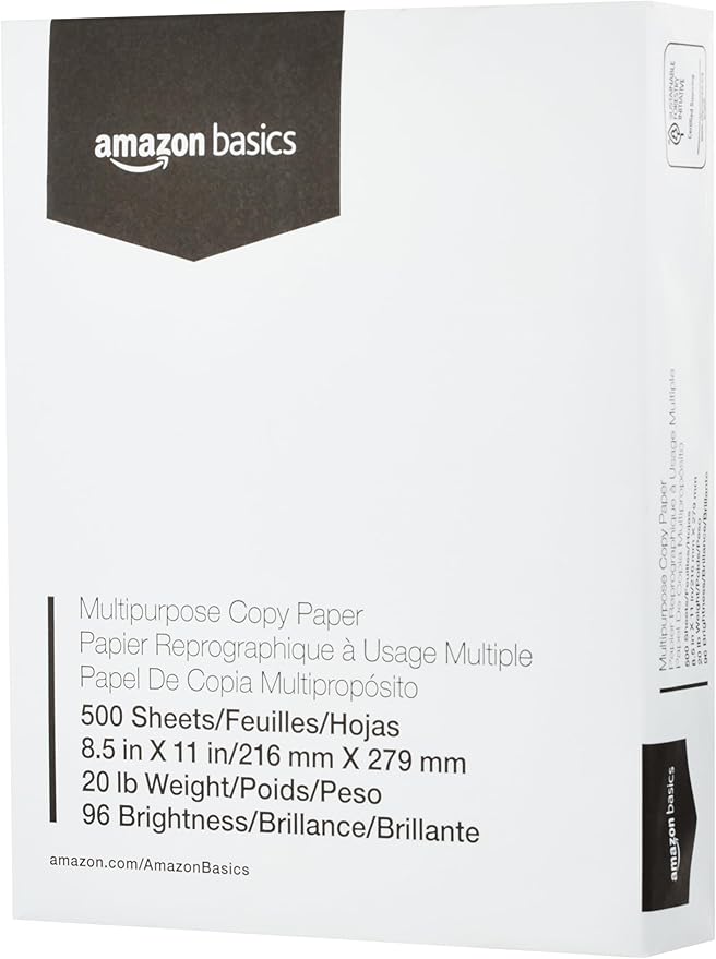 Amazon Basics Multipurpose Copy Printer Paper, 8.5 x 11 Inches, 20 lb, 10 Ream, (5,000 Sheets), 96 Bright, White