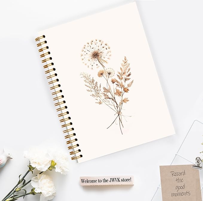 JWVK Boho Floral Spiral Notebook, Rustic Neutral Flower Herbs Notebooks for Note Taking, Cottagecore Wildflower Botanical Journal for Women, Boho Office Supplies, 5.5x8.3 Inch