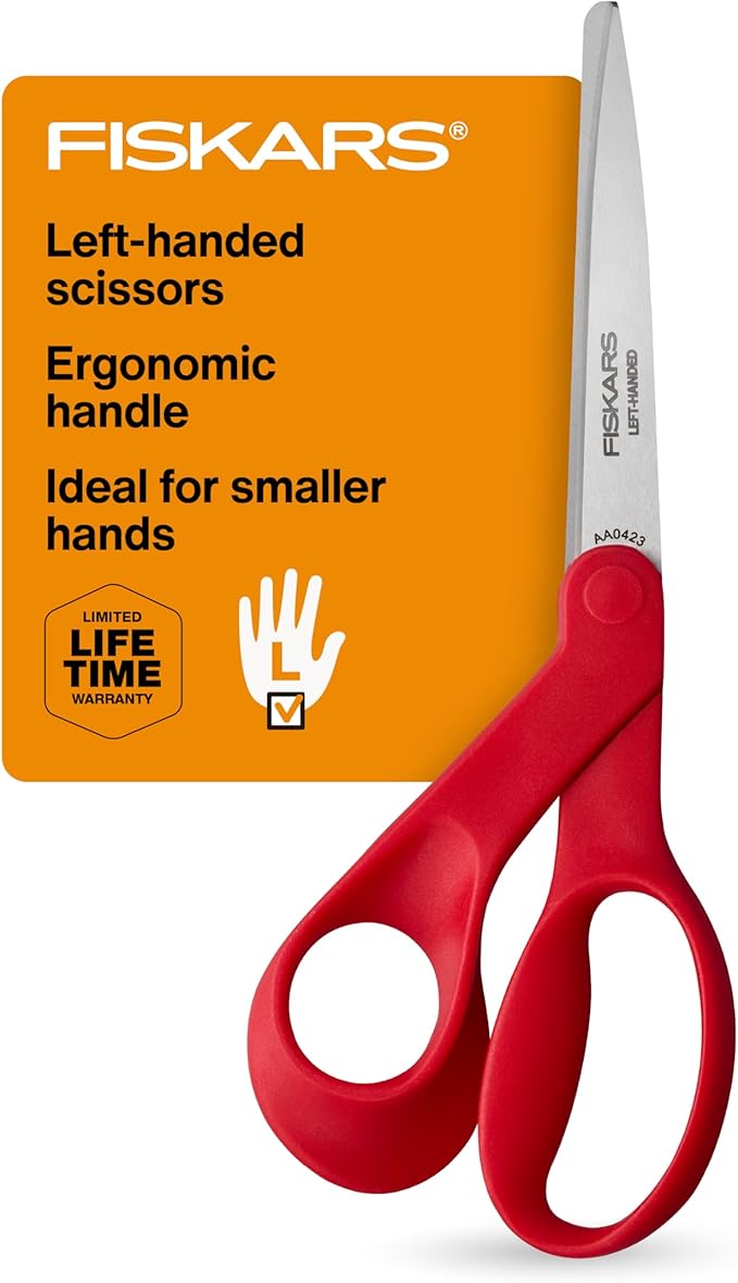 Fiskars Petite Left Handed Scissors, Crafting and Sewing Stainless Steel Scissors for Smaller Hands, Ergonomic Handle, Paper and Fabric Supplies for Office, Arts, and Crafts, Red