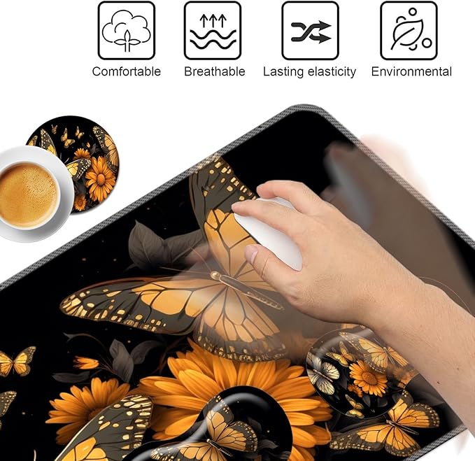 Keyboard Mouse Pad Set,Large Mouse Pad+Keyboard Wrist Rest+Wrist Support+Coaster,31.5x11.8in Extended Desk Mat for Computer Laptop Office Home- Flower Butterfly