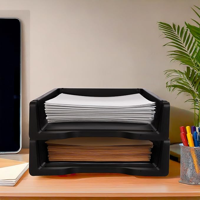 Letter Tray Desk Organizer – Stackable Paper Organizer for Home & Office, Durable Plastic Paper Tray for Desk, A4 & Letter-Size Document Holder (Black)