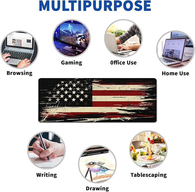 American Antique Flag Mouse Pad Abstract AmericanMouse Pad 31.5x11.8 Inch Flag Texture Non-Slip Rubber Base Large Mousepad Stitched Edges Keyboard Mouse Mat Desk Pad for Office and Home