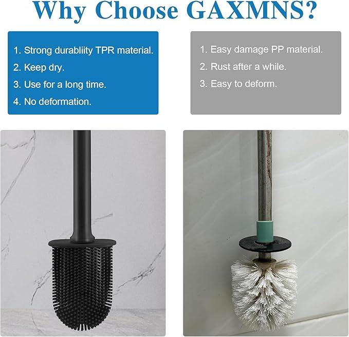 Silicone Toilet Brush and Holder Bendable Efficient Cleaning Wall Mounted Toilet Bowl Brush with Long Handle Brush Head and Silicone Bristles No Rusty Handles Problem (Black)