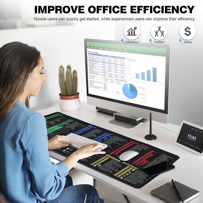 Linoows Office Shortcut Mouse Pad, Extra Large 31.5 x 11.8 Inch Gaming Mouse Mat, PC 200+ Hotkeys Keyboard Mousepad for Excel/Word/PPT/Windows, Waterproof Non-Slip Desk Pad with Stitched Edge