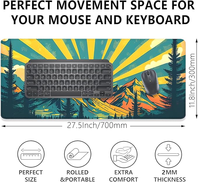 Sun Rays Mountains Forest Desk Pad Mouse Pad,Large Gaming Mouse Mat with Stitched Edges,Non-Slip Waterproof Rubber Base Mousepad for Office Work Home Desk Mat(27.5X11.8 in)